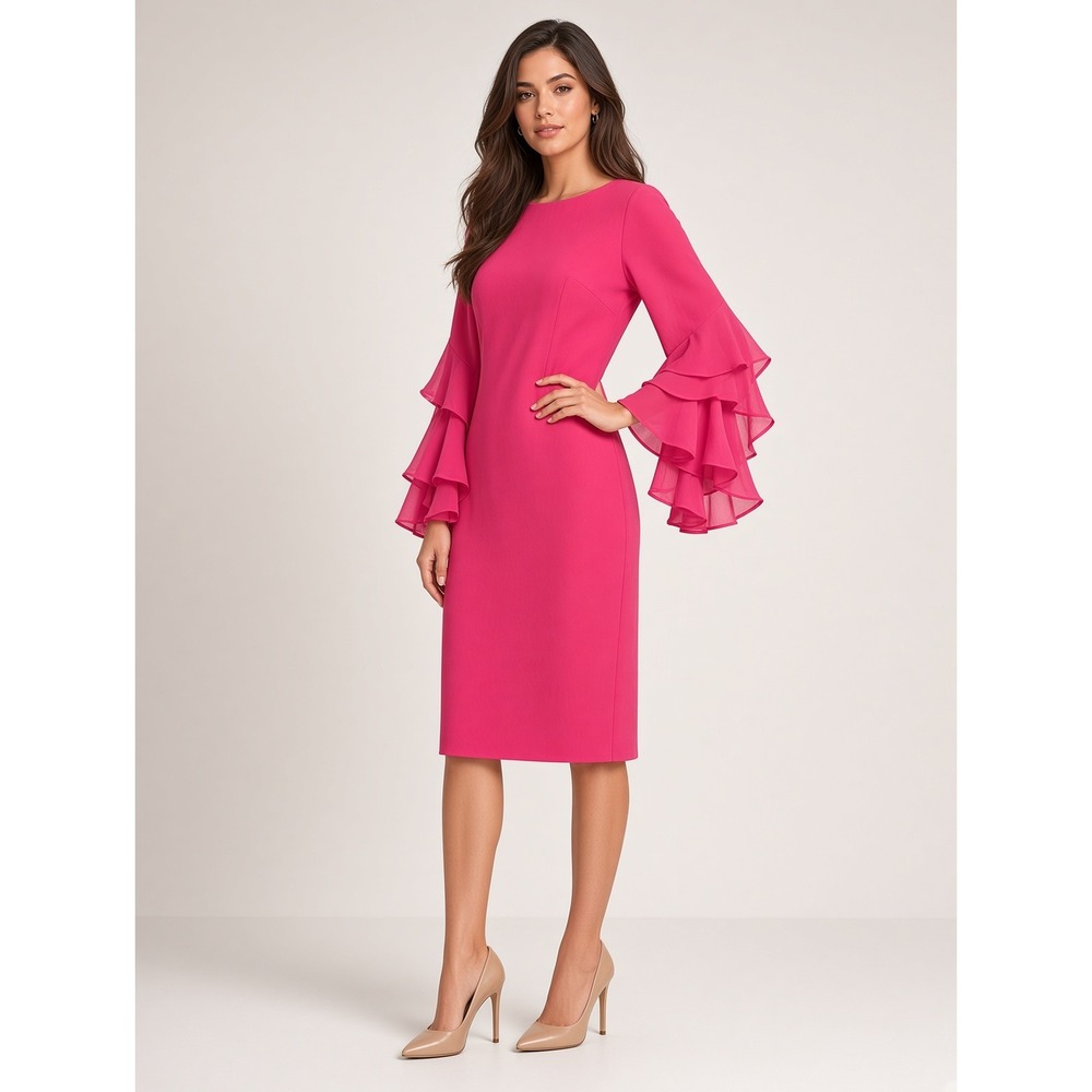 Calvin Klein Hot Pink Ruffle Bell Sleeve Sheath Dress Size 10 Office Church